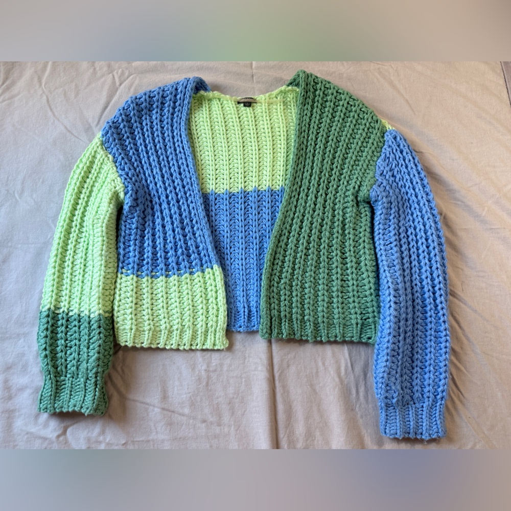 Wild Fable Chunky Cropped Blue & Green Colorblock Knit Cardigan